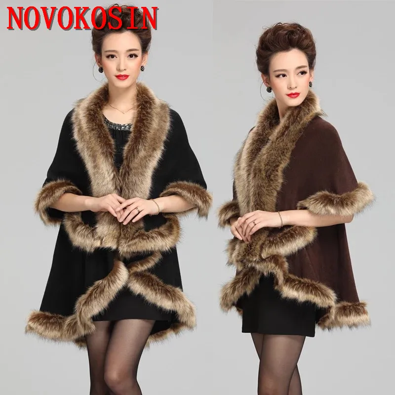 Черное зимнее теплое длинное вязаное Двухслойное пончо накидка оверсайз