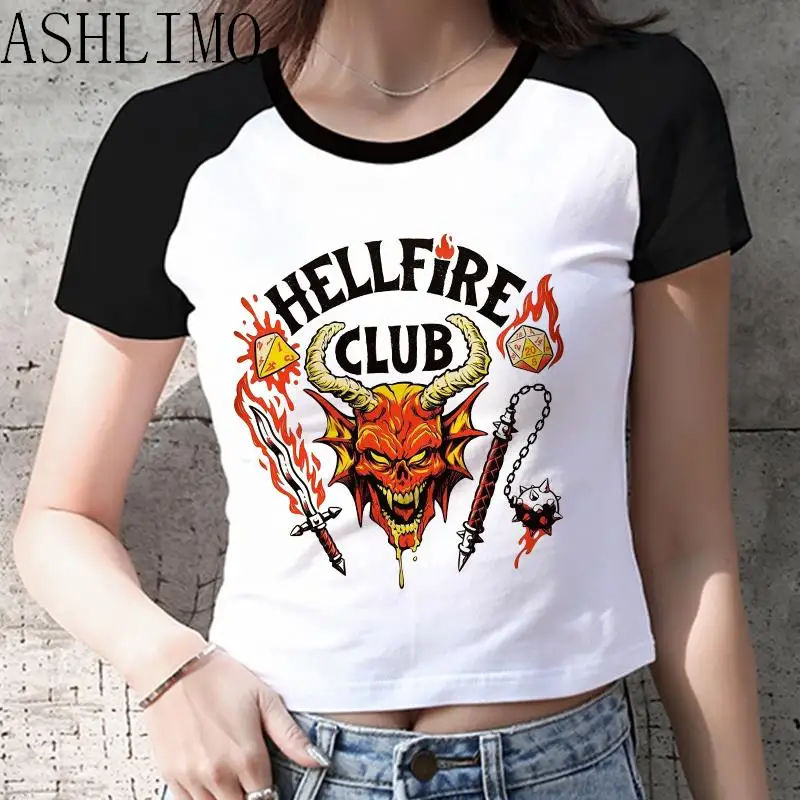 

Crop Top Women Summer Hellfire Club T-shirt Stranger Things Season 4 Fashion Streetwear Harajuku Cropped T-shirts Kawaii Pattern