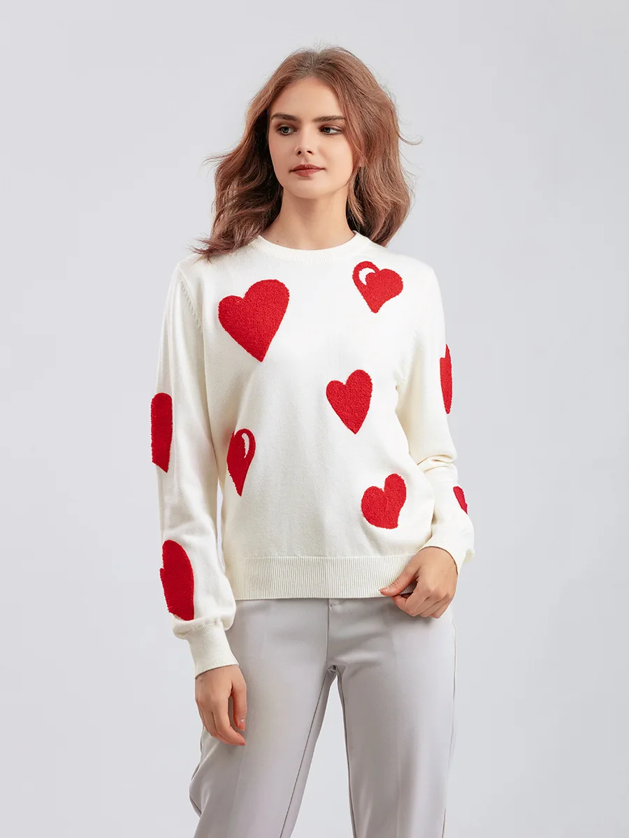 

2023 Christmas Niche Design Love Heart Flocking Pullover Women's Soft knitted Tops Autumn Winter Long Sleeve Knitwear