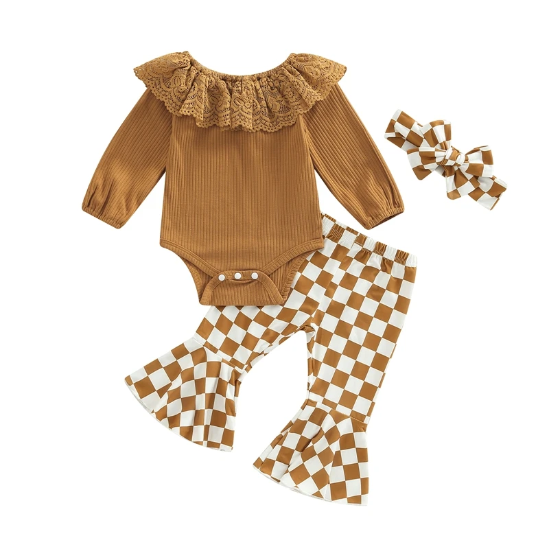 

3Pcs Baby Girls Romper Outfit Lace Flouncing Splicing Long Sleeve Bodysuit + Checkerboard Plaid Bell-bottomed Pants + Headwear