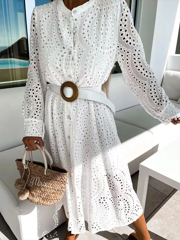 

Elegant Hollow Out Lace Solid Dress Office Lady Slit Button Shirt Dress Autumn Spring Long Sleeve Tennis Beach Dresses Robe
