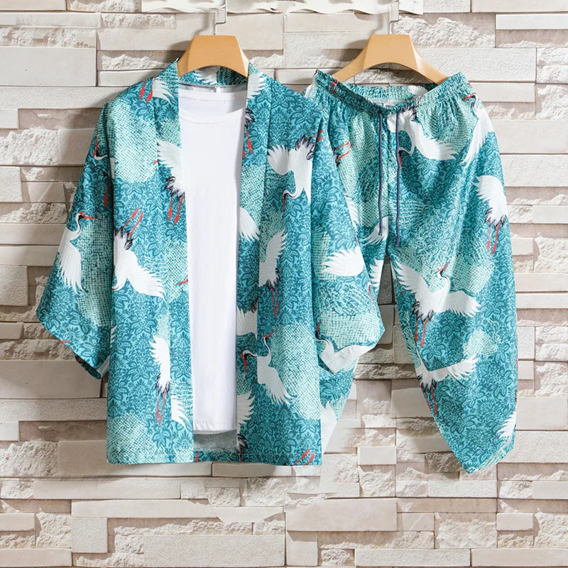 Men Print Crane 2PCS Robe Pajamas Sets Cotton Large Size Loungewear Beach Style Kimono Pyjamas Suit Cardigan Lingerie Home Wear