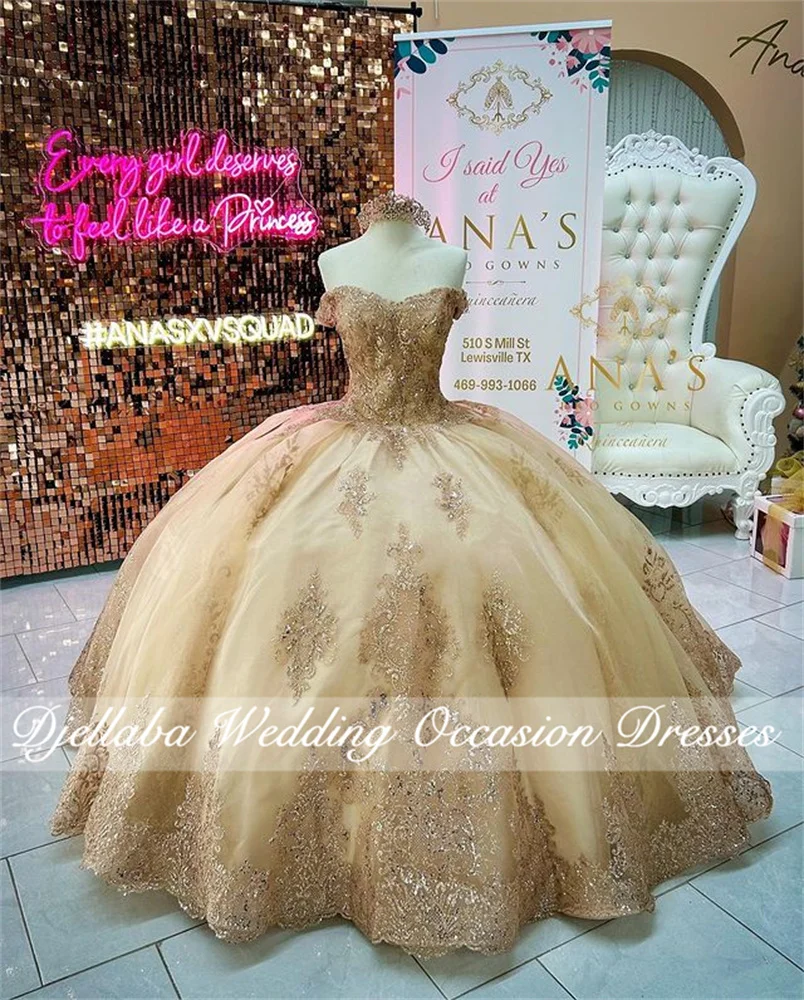 

Luxury Champagne Lace Princess Quinceanera Dresses Ball Gown 2023 Sweetheart Beaded Applique Sweet 16 Dress Vestidos De 15 Años