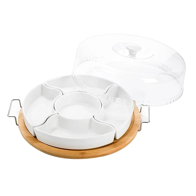 

Ceramic Divided Serving Dishes Platter With Clear Lid, Bamboo Appetizer Tray With Handles 5 Removable Snacks Bowls Easy To Use