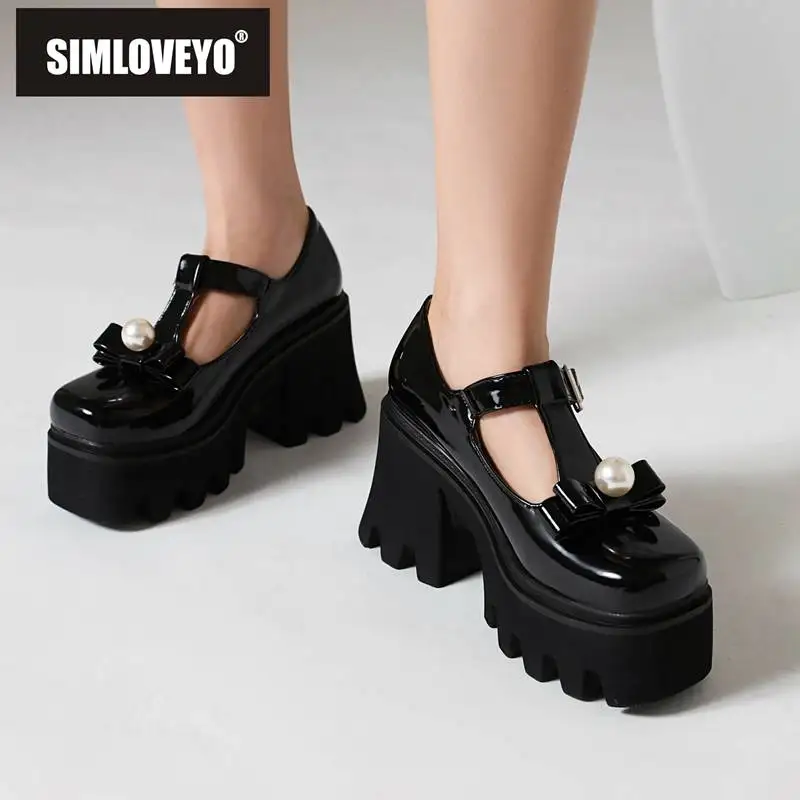 

SIMLOVEYO 2023 Womens Pumps Square Toe Chunky Heel 8cm Platform Hill 4.5cm T-strap Pearl Plus Size 41 42 43 Fashion Female Shoes