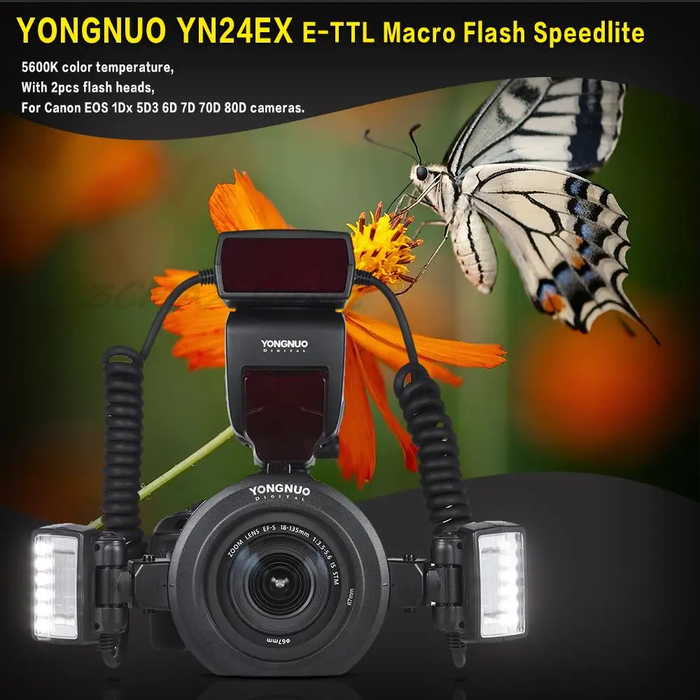 

Yongnuo YN24EX YN24 EX E-TTL Twin Lite кольцо для макросъемки Вспышка Speedlite для камеры Canon двойная 2 шт. головка вспышки 4 шт. кольца адаптера
