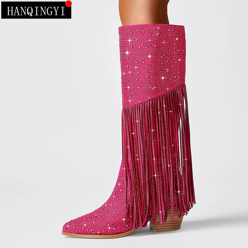 

Big Size Western Boots Knee-High Heels Autumn Rhinestones Fashion 2023 Women Shoes For Modern Female Pumps Ladies Chelsea Boots