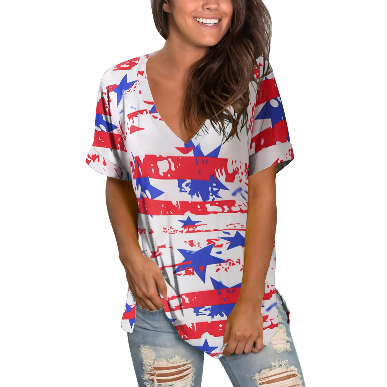 

American Flag Womens T-shirts Summer Casual T Shirts V Neck Rolled Sleeve Loose Side Split Tops Roupas Femininas Femme Vetement