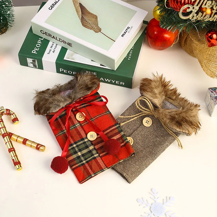 

Рождественские украшения винные наборы праздничные украшения реквизит банты льняной меховой воротник красный цвет