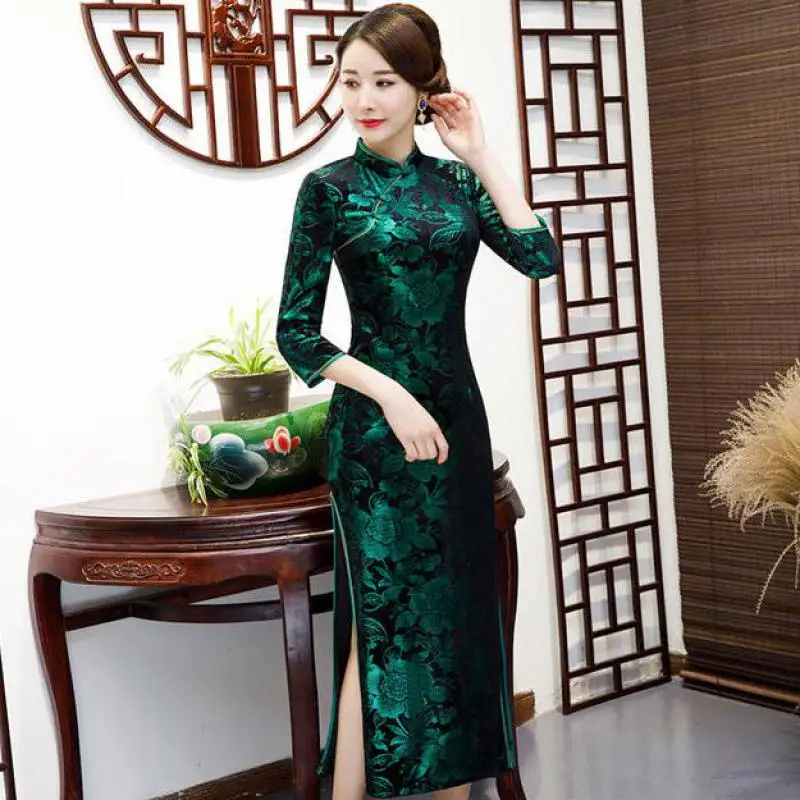 

2022 Spring Women Modified Cheongsam Ladies Dresses Slim Robe Femme Chinese Style Half High Collar Split Party Dress For Mother