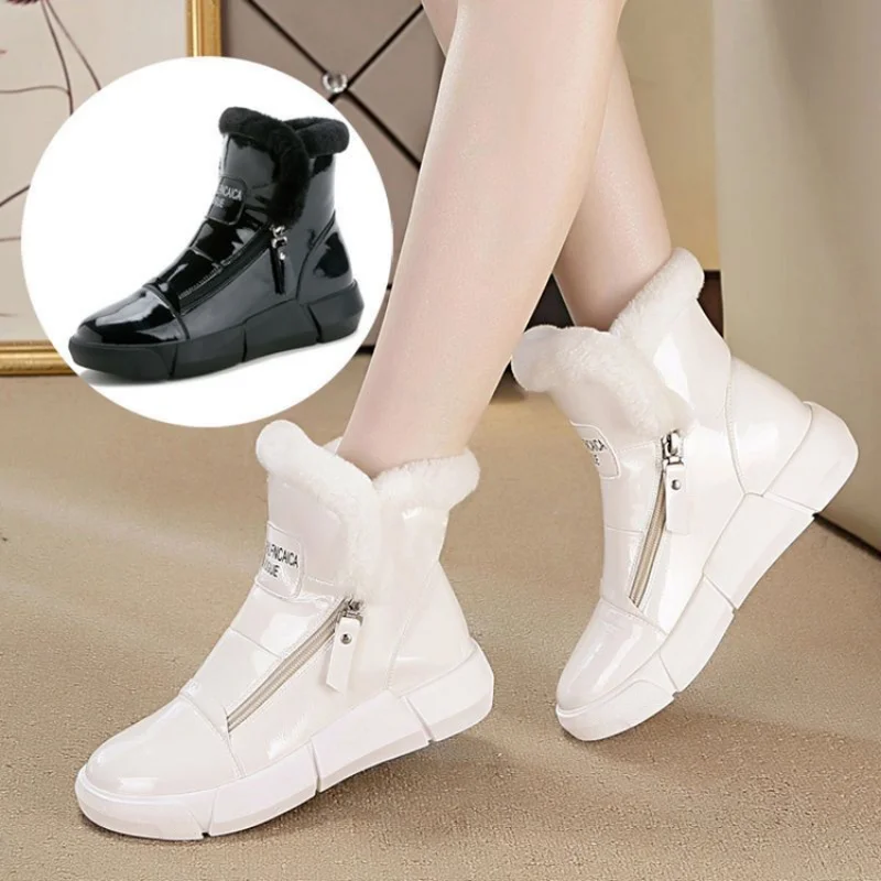Women's Shoes Waterproof Warm Half Winter 2023 Furry Ankle Booties Padded Black Snow Boots Woman Hot Flat Chunky Autumn Footwear