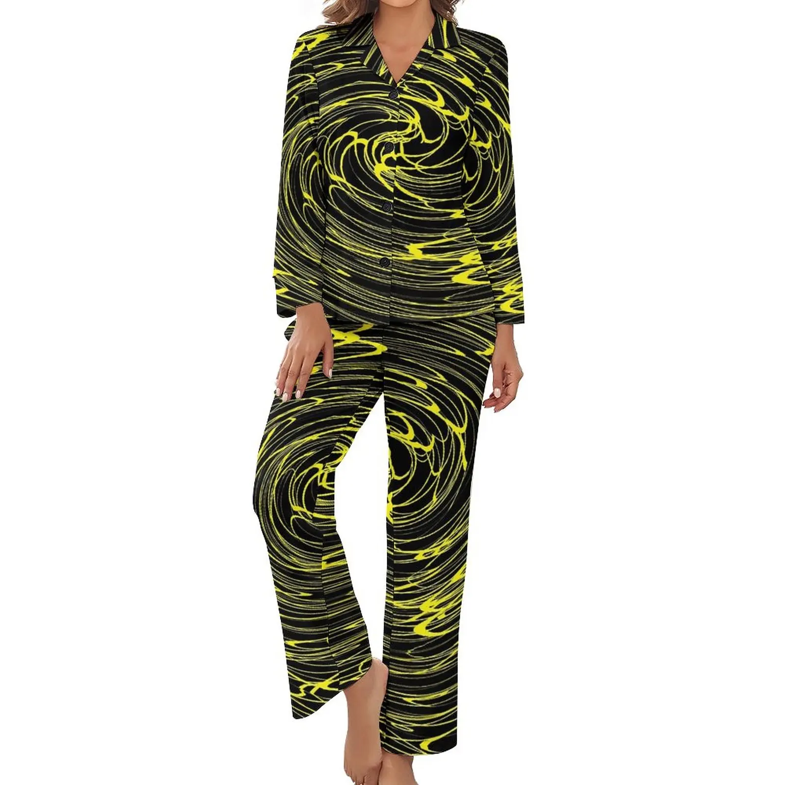 

Shallow Water Pajamas Lady Yellow Spiral Print Kawaii Nightwear Daily Long Sleeve 2 Pieces Home V Neck Printed Pajamas Set