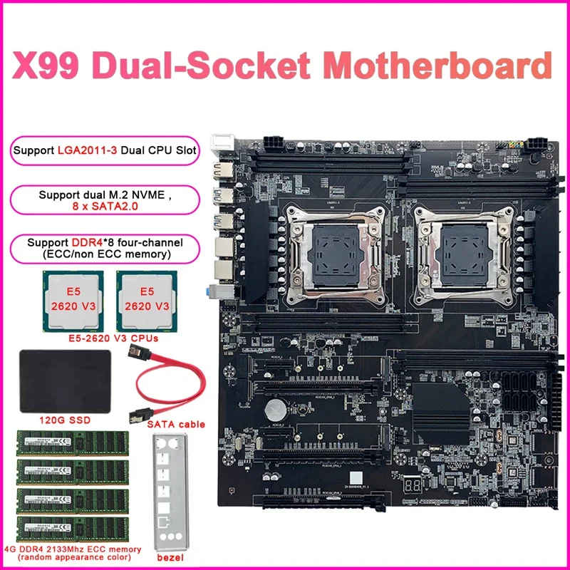 X99 Dual-Socket E-ATX Motherboard+E5-2620 V3 CPU+4G DDR4 ECC RAM+120G SSD+SATA Cable+Bezel LGA2011-3 Dual CPU 8X SATA2.0