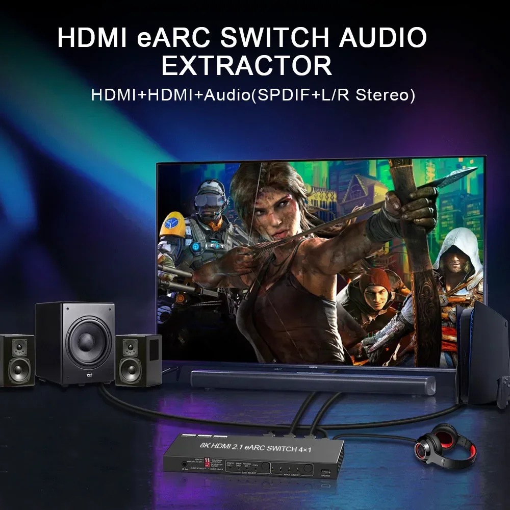 Фото В наличии: HDMI 2.1 коммутатор 8K с экстрактором звука EARC, 4 входа 1 выход, для SONOS ARC или AV-ресивера, SPDIF, EDID, HDMI-переключатель для саундбара №3
