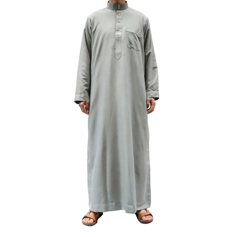 Ramadan Muslim Dress Abayas Dubai Casual Kaftan Robe Islamic Costume with Long Sleeve Stand Collar Thobe Gift for Men
