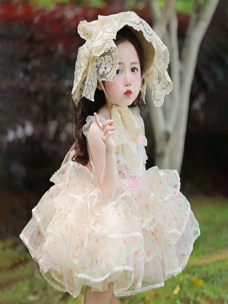 

2023 Spanish Lolita Dress for Girls Kids Princess Floral Dresses Children Lace Tutu Ball Gown Infants Summer Photography Clothes
