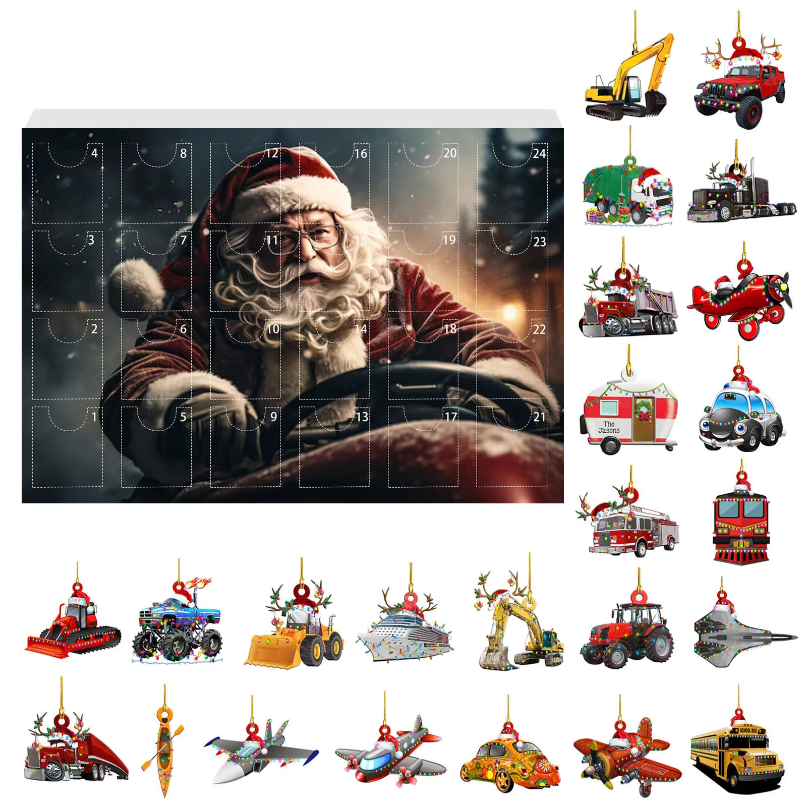 Адвент-календарь с 24 автомобильными поездами и самолетами т. д. Рождественский