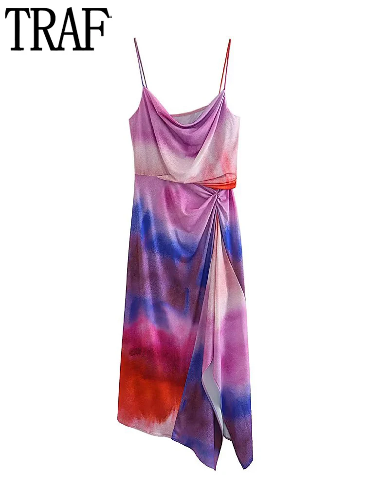 

TRAF Print Slip Midi Dress Woman Tie Dye Ruched Dress Women Asymmetric Long Dresses for Women Knot Summer Backless Female Dress