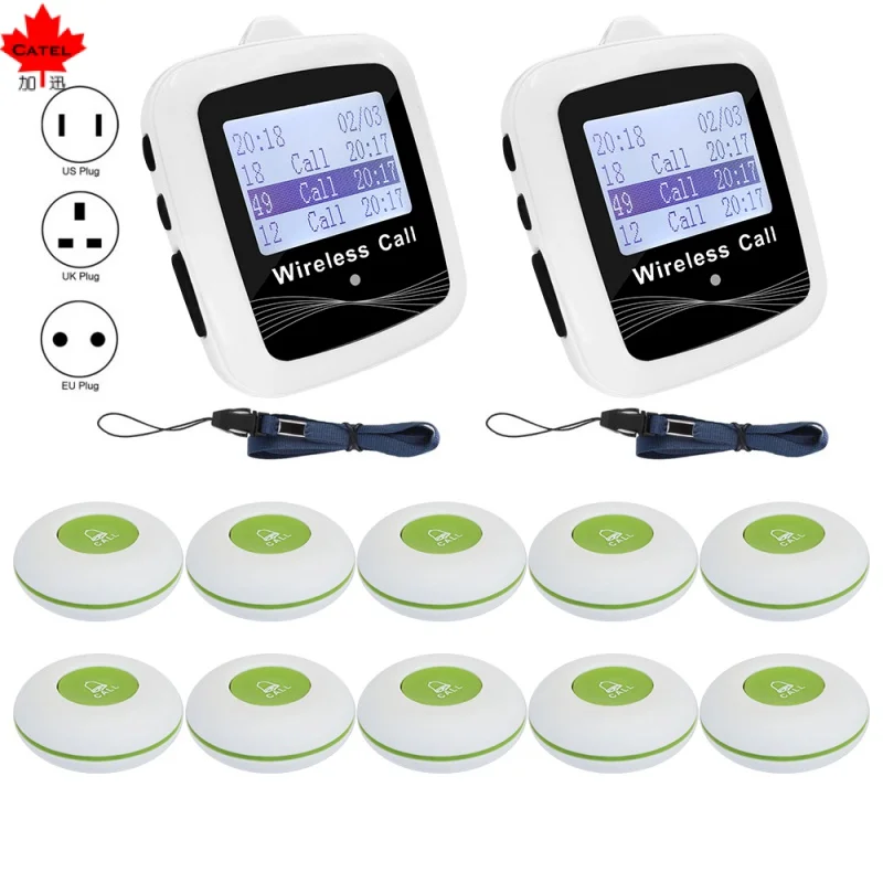 Wireless 10 Waterproof Call Button 2 Watch Receiver Pager Multiple Language for Restaurant Calling Paging, Hotel, Buzzer