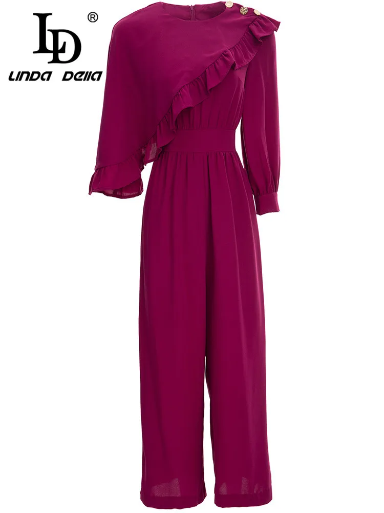 LD LINDA DELLA Designer Runway Autumn Winter Jumpsuits Women Long sleeve Ruffles Office Casual Solid Fashion Trousers Jumpsuits