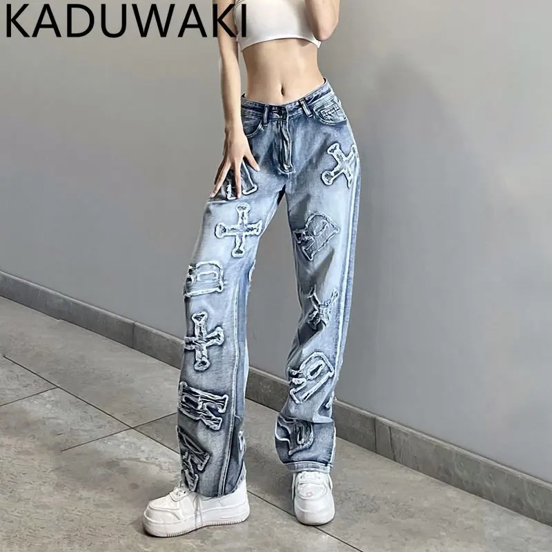 

Джинсы составного кроя с Вышивкой Букв Y2K, уличная одежда, мешковатые прямые брюки-карго в стиле панк, с высокой талией, Широкие джинсовые брюки 90-х, винтажные