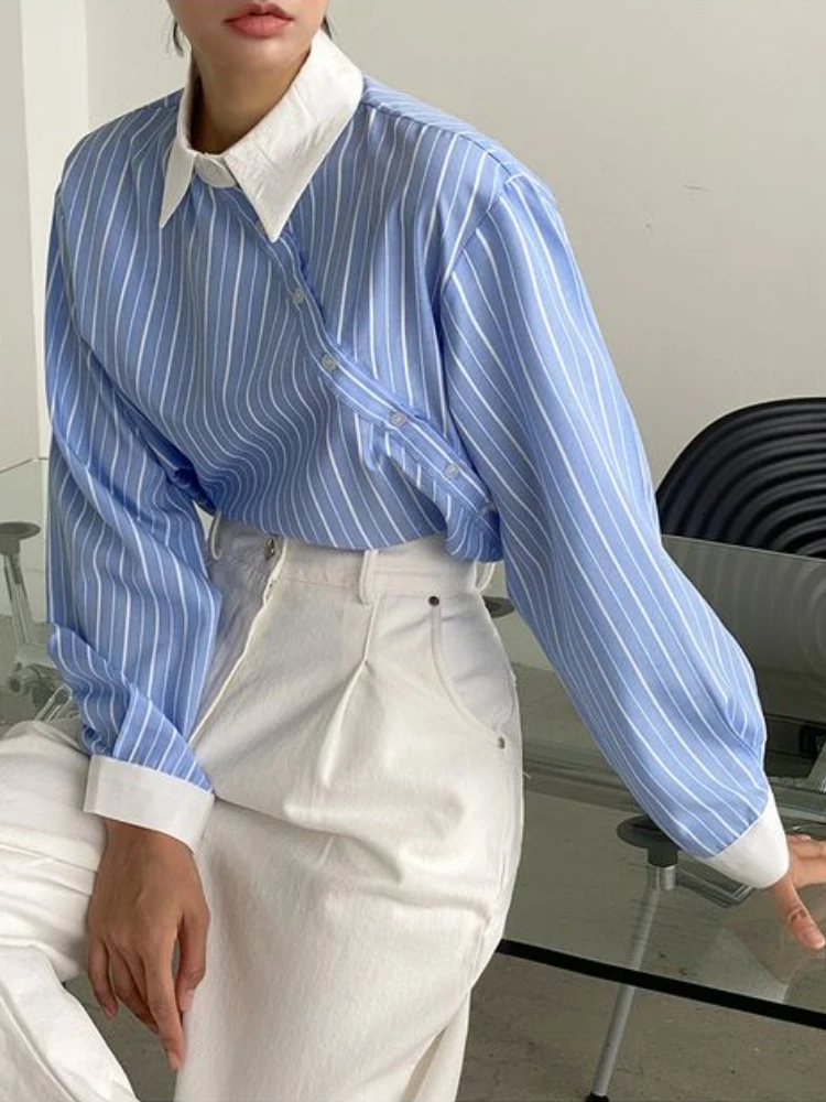 

POKIHA Irregular Striped Shirts 2022 Autumn Chic 100% Cotton Blouse Female Turn-down Collar Lapel Lace Up Women Shirts Top