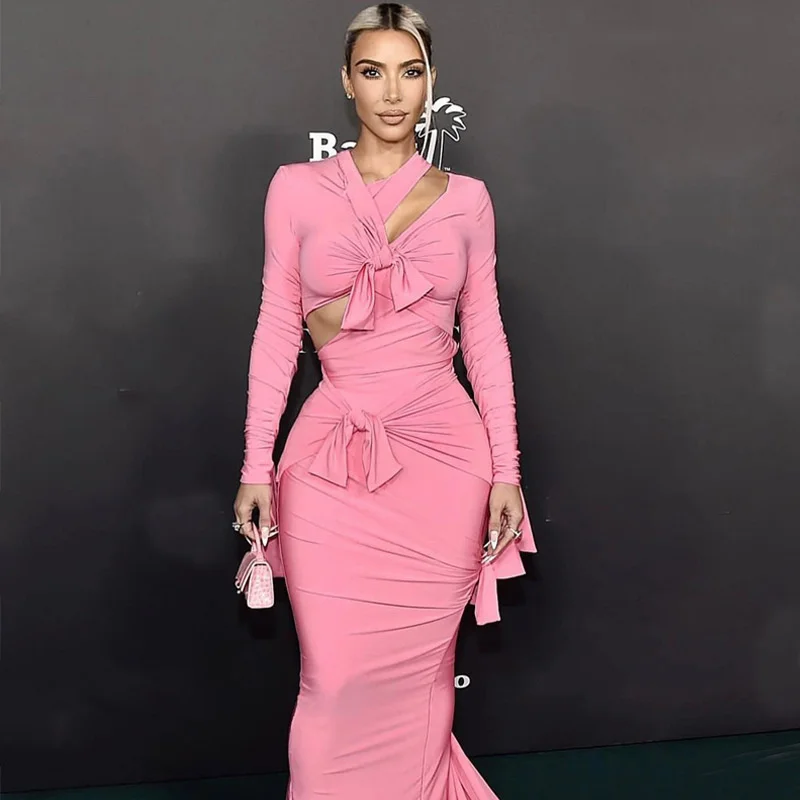 

Женское облегающее платье с высокой талией и длинным рукавом, однотонное сексуальное платье до пола со шнуровкой, Сексуальные облегающие п...