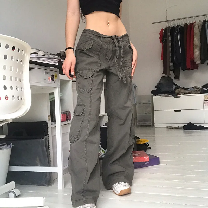 

Женские прямые брюки-карго с карманами Y2K, винтажные брюки с низкой талией в стиле Харадзюку, широкие мешковатые джинсы