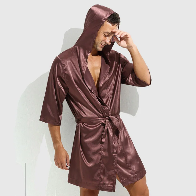 

Men Summer Bathrobe Male Soft Silk Short Sleeve Homewear Sexy Mens Loose Dressing Gown Bathrobes Male Robes Sleepwear(No Shorts)