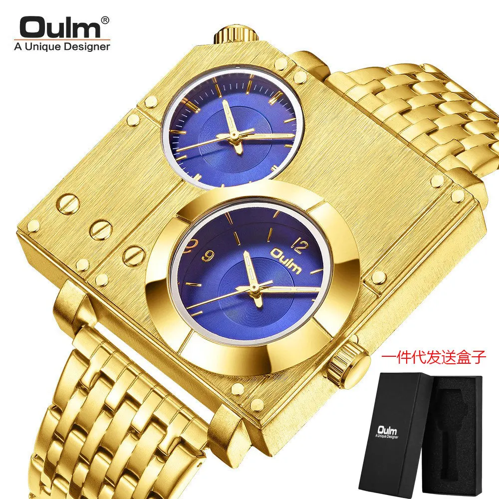 

Oulm Square Casual Large Dial Men's Business Watch Double Time Zone Steel Band Waterproof Quartz Watch Men's Gold Explosion