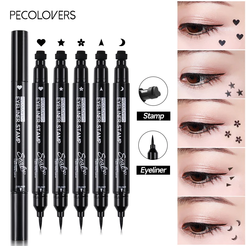 

PECOLOVERS Liquid Eyeliner Pen Moon Star Heart Shapes Tattoo Stamp Double Head Eye Liner Pencil for Women Cosmetics