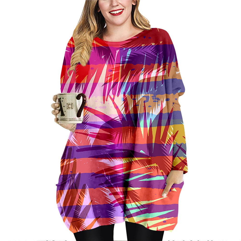 

Женское мини-платье с круглым вырезом, длинным рукавом и принтом пальмы