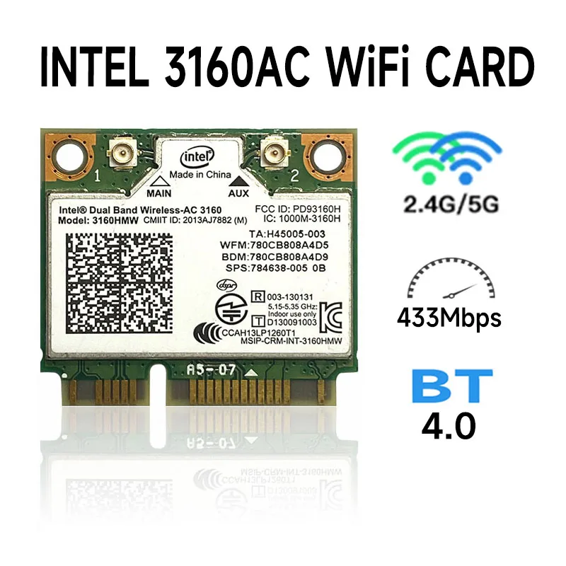 Двухдиапазонная беспроводная карта Intel 3160 AC + Bluetooth Mini PCIe поддерживает диапазоны