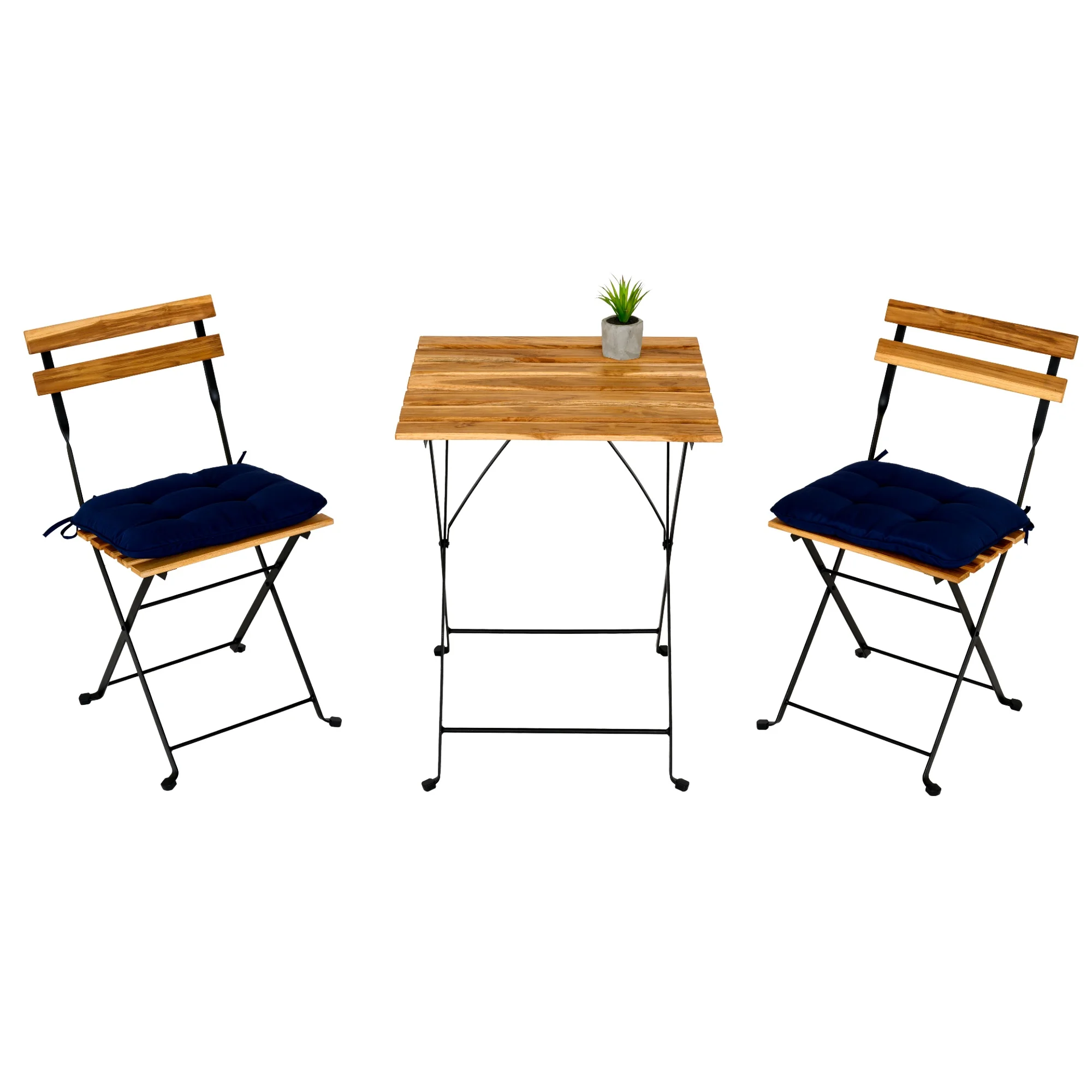 

Home Furniture Solid Teak Wood Bistro Set Folding Table And Chair Set Power Coating Frame Patio Set With Waterproof Navy Cushion