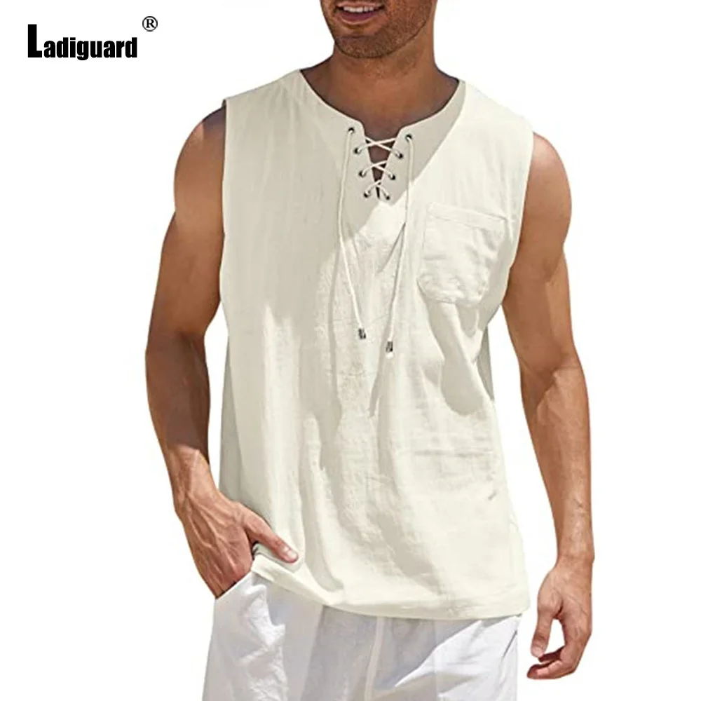 Ladiguard Men Solid Linen Shirts Blouse 2023 Sleeveless Bandage Tops Male Casual Shirt blusas Sexy Mens Clothing Plus Size S-5XL