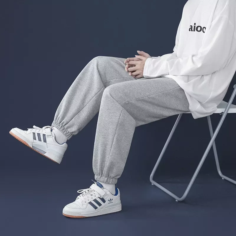

Korean Style Fashion Sweatpants New Autumn Light Gray Baggy Wide-leg Pants Straight-leg Casual Tie Feet Trousers Male