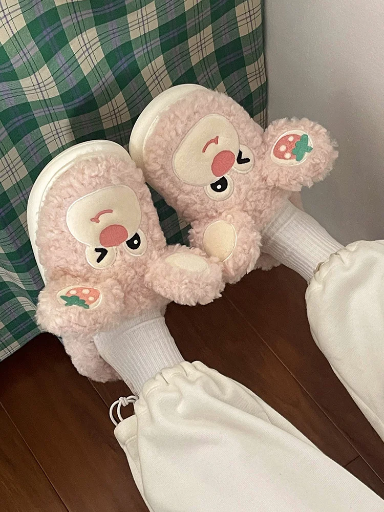 Cartoon Strawberry Bear Cotton Slippers Female Winter Cute Home Slipper Plus Plush Thick Soles Couple Man Slipper