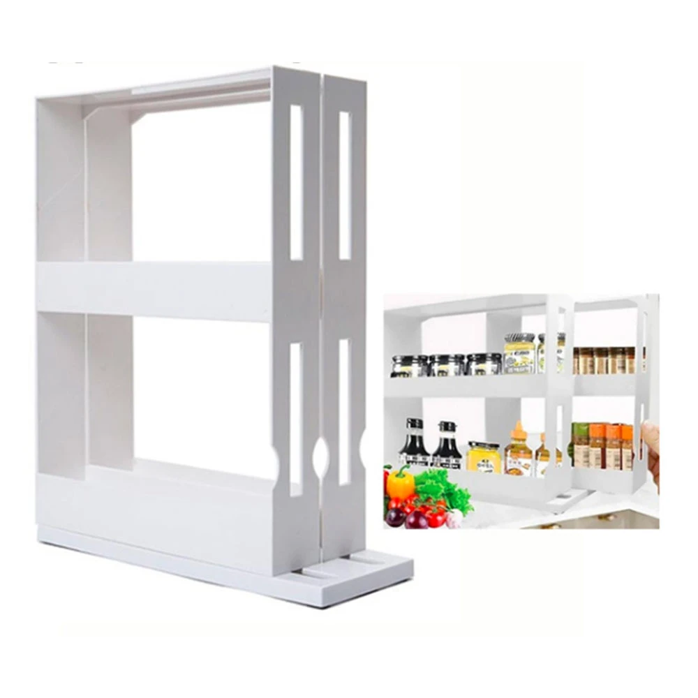 

Cabinet Caddy White Spice Rack Pull-and-Rotate Spice Rack Organizer 2 Double-Decker Shelves Organizer