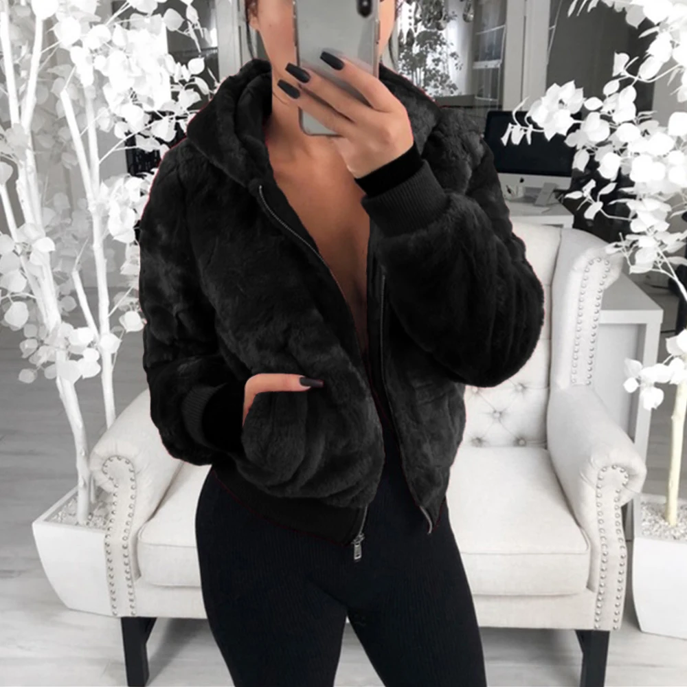 2023 New Faux Fur Women Coat with Hooded Fashion Christmas Furry Coat Black Red Fake Rabbit Fur Outwear Pink Faux Fur Jacket