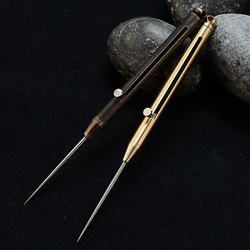 

One-piece Retractable Toothpick Brass Handle Titanium Alloy Toothpick Head Portable Fruit Pick Self-defense Toothpicking Needle