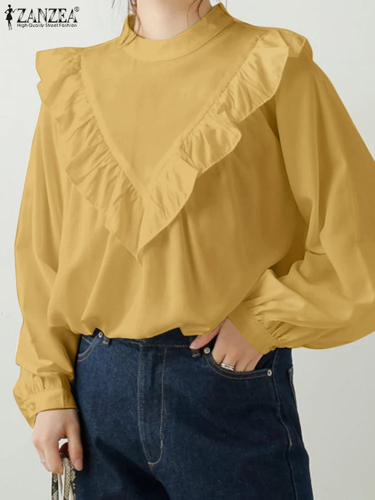 

Women Elegant Solid Tops ZANZEA Fashion Ruffle Blouse 2022 Spring Holiday White Blusas Lady Casual OL Long Sleeve Shirt Oversize