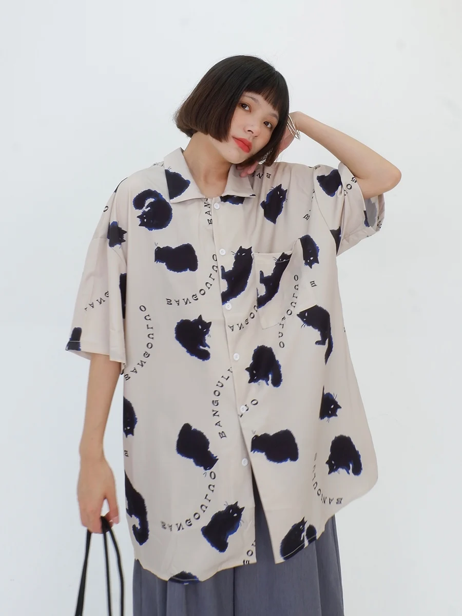 

Женские рубашки с коротким рукавом и котом, Новинка лета 2023, свободный крой, бойфренд, универсальный топ в стиле ретро для пар, тренд