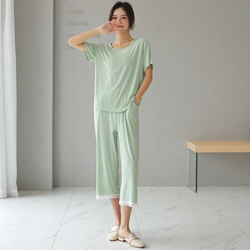 Modal Summer Pajamas Girls Summer Short Sleeve Two Piece Ice Pyjamas Short Sleeve Suit Sleepwear