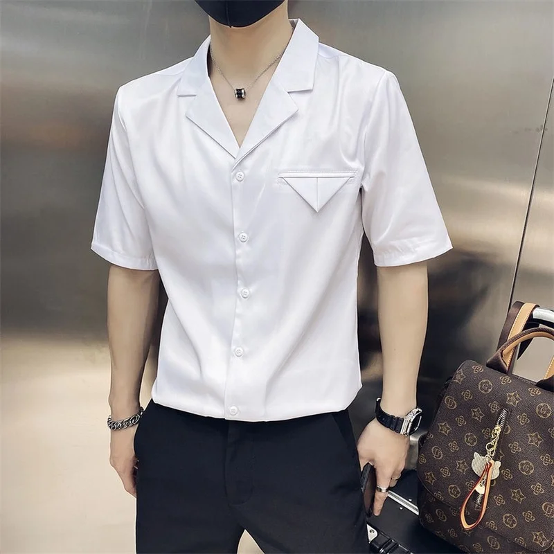2022 Summer V-neck Shirts Men's Korean Style Long Sleeve Slim Streetwear Shirts Male Clothing Tops Business Social Party Blouse