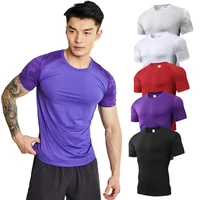 men gym t shirts quick dry tight fitness training soccer short sleeve solid color elasticity bodybuilding tee running shirts