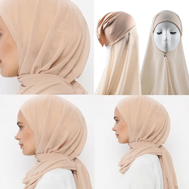 Pin Free Instant Chiffon Hijab Scarf With Undercaps Muslim Women HIjabs With Inner Caps Underscarf Caps Islam Muslim Headscarf 2