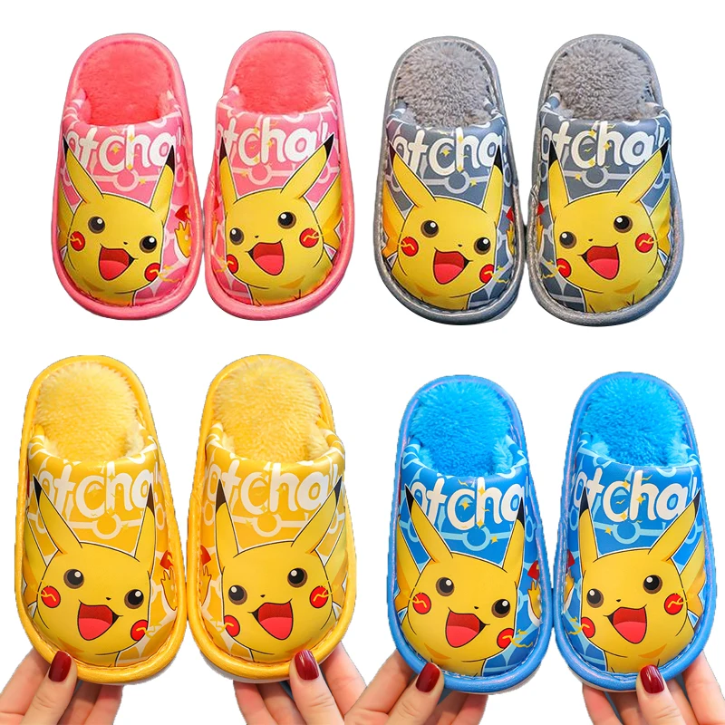 

Детские хлопковые тапочки Pokemon Pikachu для мальчиков пу водонепроницаемые осенне-зимние детские домашние теплые Мультяшные плюшевые тапочки д...