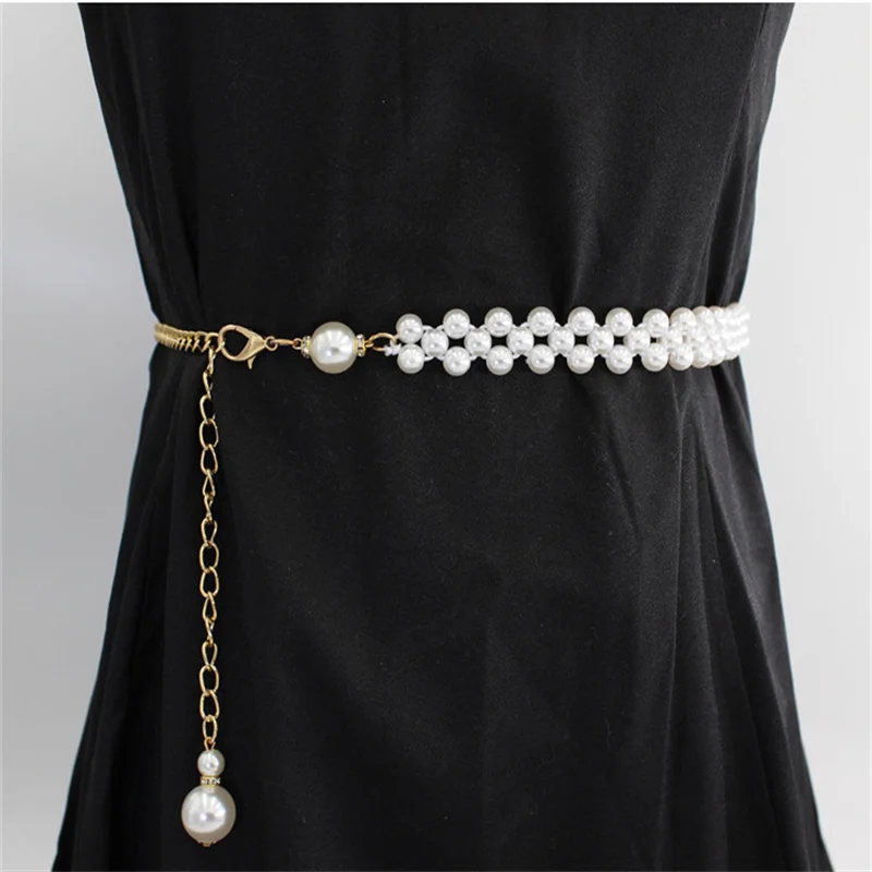 

Elegant Women Acrylic Pearl Belt Fashion Adjustable Metal Thin Chain Belt For Ladies Dress Elastic Skinny Waistband