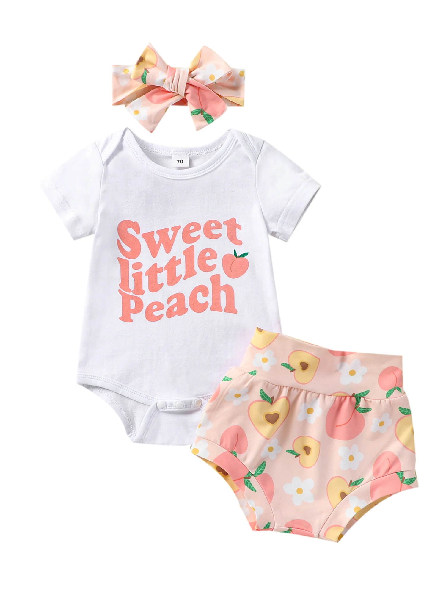 

Очаровательный летний комплект из 3 предметов для маленьких девочек, футболка с буквенным принтом, персиковые шорты и повязка на голову-идеально милый и удобный
