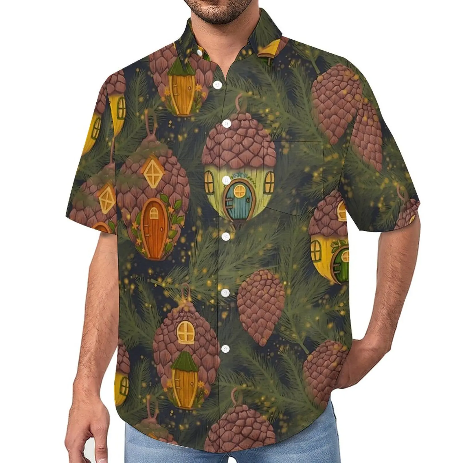 

Pine Cones Village Blouses Men Cartoon Print Casual Shirts Hawaiian Short Sleeve Custom Vintage Oversized Beach Shirt Gift Idea